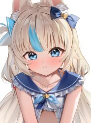 1girl absurdres animal_ear_fluff animal_ears blue_eyes blush highres indie_virtual_youtuber looking_at_viewer multicolored_hair pout sailor_collar sameko_saba shuvi_(shuvi1125) solo streaked_hair virtual_youtuber white_background