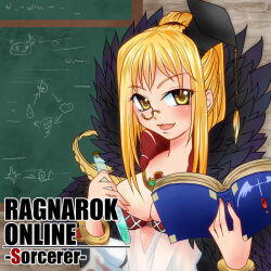 1girl argyle_clothes argyle_dress blonde_hair blush book breasts chalkboard character_name cleavage commentary_request copyright_name detached_sleeves dress fur_collar hat holding holding_book indoors kamui_setsuna long_hair looking_at_viewer medium_breasts monocle mortarboard open_mouth ragnarok_online round_eyewear semi-rimless_eyewear smile solo sorcerer_(ragnarok_online) under-rim_eyewear upper_body vial white_dress white_sleeves yellow_eyes