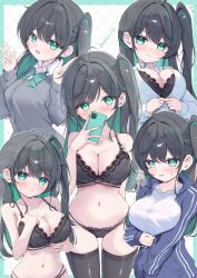1girl @_@ ahoge bare_shoulders black_bra black_hair black_panties black_thighhighs blue_jacket bow bowtie bra breasts buttoning cardigan cellphone cleavage closed_mouth collared_shirt commentary_request covering_own_mouth double_v dressing green_bow green_bowtie green_hair grey_cardigan gym_uniform head_tilt highres holding holding_phone inconvenient_breasts jacket lace lace-trimmed_bra lace-trimmed_panties lace_trim large_breasts long_hair long_sleeves looking_at_viewer mikaze_oto misuzu_(mikaze_oto) multiple_views navel one_side_up open_mouth original panties phone pout shirt smartphone smile stomach sweat thighhighs thighs track_jacket twitter_username underwear underwear_only v white_shirt zipping
