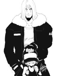 2boys baseball_cap bomber_jacket borrowed_accessory child commentary dated falcoon family fatal_fury father_and_son fingerless_gloves gloves hat headpat jacket long_hair monochrome multiple_boys rock_howard signature smile snk terry_bogard the_king_of_fighters