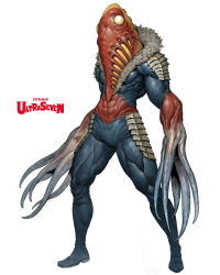 colored_skin commentary_request copyright_name english_text full_body fur_trim kaiju metron_seijin mixed-language_commentary monster multicolored_skin solo tahra tentacle_hands tokusatsu ultra_series ultraseven_(series) white_background