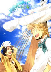 3boys ^_^ animal animal_on_head bangle beard bird black_hair blonde_hair blue_fire bracelet closed_eyes cloud cloudy_sky dog facial_hair fiery_wings fire flag flying freckles green_eyes happy horns jewelry kuta_(maka) male_focus marco_(one_piece) multiple_boys mustache necklace on_head one_piece open_clothes open_mouth open_shirt phoenix portgas_d._ace scar scarf ship shirt skull sky stefan tail tail_wagging tattoo thatch tongue tongue_out watercraft wings