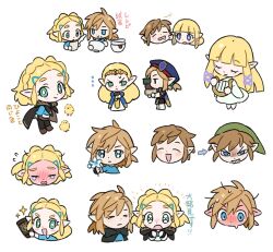 2boys 2girls angry bird black_cloak black_pants blonde_hair blue_dress blue_eyes blue_tunic blush bob_cut braid chibi chibi_only chick clenched_teeth cloak commentary_request crown_braid crying dress flower flying_sweatdrops full-face_blush green_eyes green_hat hair_ornament hairclip harp hat holding holding_flower instrument link long_hair multiple_boys multiple_girls multiple_persona multiple_views music nintendo open_mouth opleillle pants playing_instrument pointy_ears princess princess_zelda royal_guard_set_(zelda) sheikah_slate short_hair silent_princess simple_background smile sweat tears teeth the_legend_of_zelda the_legend_of_zelda:_breath_of_the_wild the_legend_of_zelda:_skyward_sword the_legend_of_zelda:_tears_of_the_kingdom tiara translation_request tunic v-shaped_eyebrows white_background white_dress white_flower