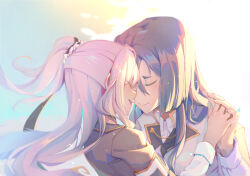 Rule 34 | 2girls, absurdres, black hair, brown jacket, closed eyes, closed mouth, commentary request, face-to-face, facing another, hair between eyes, half updo, highres, holding hands, interlocked fingers, jacket, long hair, long sleeves, multiple girls, one side up, open mouth, origami family&#039;s elite guard uniform, origami yukari, pink hair, profile, sidelocks, smile, toji no miko, tsubakuro yume, white jacket, yukikuma (yukikuma 018), yuri