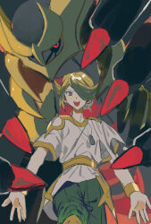 Rule 34 | 1boy, :d, a-pose, black sclera, black wings, blonde hair, blue eyes, colored sclera, colored skin, gen 4 pokemon, giratina, gold trim, green pants, grey eyes, grey skin, hair horns, hair over one eye, highres, jewelry, legendary pokemon, male focus, necklace, nintendo, official alternate costume, official alternate hairstyle, open mouth, pants, pokemon, pokemon (creature), pokemon legends: arceus, red eyes, robe, smile, tami tome mo, volo (pokemon), white robe, wings