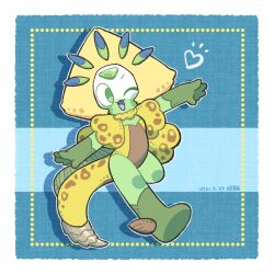 1girl animal_costume blonde_hair blue_background blush_stickers border brown_leotard colored_skin dated drop_shadow fang forehead_jewel full_body green_skin heart karin_(100100) leotard one_eye_closed outstretched_arms peridot_(steven_universe) signature snake_costume snake_tail solo spread_arms steven_universe striped_background tail white_border