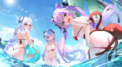 3girls absurdres ahoge ass back bare_shoulders beach bikini bikini_bottom_pull bikini_pull bird black_bikini blue_eyes blue_hair blue_sky breasts butt_crack cleavage clothes_pull cloud collarbone commentary_request cone_hair_bun creature day demon_horns double_bun finger_to_mouth flower frilled_bikini frills furrowed_brow ganyu_(genshin_impact) genshin_impact goat_horns groin hair_between_eyes hair_bun hair_flower hair_ornament hand_up highres holding holding_creature horns hydro_slime_(genshin_impact) keqing_(genshin_impact) large_breasts lens_flare long_hair looking_at_viewer looking_back low-braided_long_hair low-tied_long_hair medium_breasts multiple_girls navel ocean octopus one_eye_closed open_mouth palm_tree parted_bangs partially_submerged purple_eyes purple_hair red_bikini red_horns shenhe_(genshin_impact) shushing sideboob sidelocks sky slime_(genshin_impact) smile standing stomach string_bikini sunlight sweatdrop swimsuit thigh_strap thighs thong_bikini touxing_no_diluka tree turning_head twintails very_long_hair wavy_mouth wet white_bikini