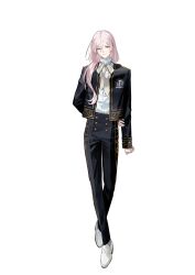 Rule 34 | 1boy, absurdres, arm at side, arm behind back, black jacket, black pants, blunt sidelocks, boys be maid!, buttons, closed mouth, crossed legs, double-breasted, double-parted bangs, frilled shirt collar, frills, full body, gold trim, hair between eyes, hair over shoulder, high-waist pants, highres, jacket, kisaki yoka, loafers, long hair, long sleeves, looking at viewer, low ponytail, male focus, mole, mole under eye, neck ribbon, official art, open clothes, open jacket, pants, pink eyes, pink hair, ponytail, ribbon, school uniform, second-party source, shirt, shoes, sidelocks, smile, solo, standing, straight-on, tachi-e, transparent background, ugonba (howatoro), watson cross, white shirt, white shoes, yellow ribbon