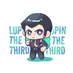 1boy absurdres arsene_lupin_iii belt black_belt black_hair black_pants black_shirt bright_pupils chibi chibi_only closed_mouth daijie_jiao_chu_lian_zhe_key green_jacket highres holding holding_jacket holding_unworn_clothes jacket long_sideburns long_sleeves looking_at_viewer lupin_iii male_focus necktie pants shirt sideburns simple_background solo unworn_jacket white_pupils yellow_necktie