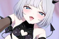 1girl black_gloves black_shirt blue_eyes blush breasts close-up clothing_cutout collarbone commentary_request crop_top demon_girl demon_horns demon_tail elbow_gloves gloves grey_hair half-closed_eyes heart_cutout highres horns kaga_sumire latex looking_at_viewer medium_hair mole mole_under_eye omas_lie open_mouth shirt sleeveless sleeveless_shirt small_breasts solo sweatdrop tail tongue tongue_out virtual_youtuber vspo!