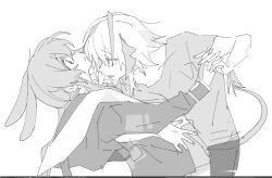 2girls amiya_(arknights) animal_ears antennae arknights art_program_in_frame blush demon_tail dip_(dance_move) greyscale hamha_s hand_on_another&#039;s_waist holding_hands horns interlocked_fingers jacket long_hair long_sleeves monochrome multiple_girls parted_lips rabbit_ears shirt short_hair short_sleeves tail w_(arknights) yuri