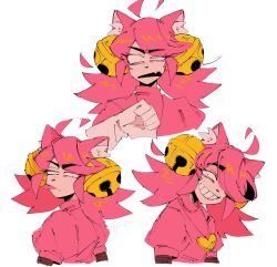 Rule 34 | 1girl, animal ears, bell, black eyes, cat ears, cat girl, cat nose, constricted pupils, detached hair, fang, gloves, hair ornament, heart, heart necklace, highres, jewelry, jingle bell, kkupiii, limited palette, looking at viewer, mad mew mew, multiple expressions, multiple views, necklace, open mouth, pink hair, pink shirt, puffy short sleeves, puffy sleeves, shaded face, shirt, short sleeves, simple background, smile, thick eyebrows, tongue, tongue out, twintails, undertale, white background, white gloves