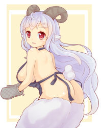 1girl apron ass breasts dunceneygak horns large_breasts light_purple_hair monster_girl naked_apron red_eyes sheep_girl sideboob tail wool