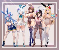 5girls absurdres ahoge alternate_costume animal_ears anklet aqua_(konosuba) ayase_shichikai bare_shoulders black_bow black_bowtie black_footwear black_hair black_sleeves blonde_hair blue_bow blue_dress blue_eyes blue_footwear blue_hair blue_leotard blue_skirt blush boots border bow bowtie breasts breasts_apart breasts_out brown_hair brown_pantyhose cameltoe candy censored chris_(konosuba) cleavage closed_mouth clothes_lift collar condom condom_wrapper covered_erect_nipples covered_navel cup darkness_(konosuba) detached_collar dress drinking_glass facial_scar fake_animal_ears fake_tail flower food full_body gluteal_fold groin hair_between_eyes hair_flower hair_ornament hair_rings hand_on_own_thigh hands_up high_heel_boots high_heels highleg highleg_leotard highres holding holding_tray jewelry kono_subarashii_sekai_ni_shukufuku_wo! lace lace-trimmed_sleeves lace-trimmed_thighhighs lace_trim large_breasts leaning_forward legs_apart leotard leotard_under_clothes lifting_own_clothes long_hair looking_at_viewer megumin mosaic_censoring multiple_girls necklace nipples no_panties open_clothes open_mouth open_shirt outside_border pantyhose playboy_bunny pleated_skirt purple_bow purple_bowtie purple_eyes pussy rabbit_ears rabbit_tail reaching reaching_towards_viewer red_bow red_bowtie red_eyes red_footwear red_leotard scar scar_on_cheek scar_on_face see-through_clothes see-through_dress see-through_leotard shoes short_hair_with_long_locks side_slit single_hair_ring single_sleeve skirt skirt_lift sleeveless sleeveless_dress small_breasts smile standing strapless strapless_leotard tail thigh_boots thigh_strap thighhighs thighhighs_over_pantyhose thighhighs_under_boots thighs tongue tongue_out traditional_bowtie tray white_collar white_dress white_hair white_leotard white_thighhighs white_wrist_cuffs wiz_(konosuba) wrist_cuffs x_hair_ornament yellow_eyes