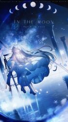 1girl absurdres barefoot blue_dress blue_eyes blue_hair blue_theme blurry blurry_foreground closed_eyes commentary_request crescent_moon dress floating_hair frilled_dress frills full_body galaxy highres ladder long_hair miracle_7y moon moon_phases night night_sky original pillar sandals scenery sitting sky solo star_(sky) starry_sky very_long_hair water
