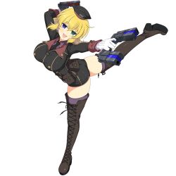 1girl :3 ballet blonde_hair blue_eyes boots breasts dolphin_wave dual_wielding front-seamed_legwear game_cg garrison_cap gloves green_eyes gun hat hebijo_academy_school_uniform heterochromia highres holding holding_gun holding_weapon large_breasts leg_up looking_at_viewer military_uniform non-web_source official_alternate_costume open_mouth purple_thighhighs ryouna_(senran_kagura) school_uniform seamed_legwear senran_kagura senran_kagura_new_link skindentation smile solo standing standing_on_one_leg thigh_boots thighhighs transparent_background weapon white_gloves