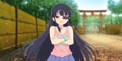 1girl architecture armpit_crease bamboo bamboo_fence bamboo_forest black_hair blue_skirt blue_sky blush bra crossed_arms day east_asian_architecture eyepatch fang fence flat_chest forest frilled_bra frills grass highres long_hair mirai_(senran_kagura) nature non-web_source official_art open_mouth outdoors pink_bra pink_tank_top pleated_skirt print_tank_top red_eyes senran_kagura senran_kagura_new_link senran_kagura_shoujo-tachi_no_shin&#039;ei skirt sky solo tank_top tomoe_(symbol) torii underwear wristband yaegashi_nan