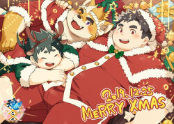 antlers black_hair christmas closed_eyes echigo_(tamacolle) fat fat_man fecho_kouta_(nikubo) fur furry furry_male furry_with_non-furry gift green_hair horns interspecies male_focus merry_christmas musashi_(tamacolle) official_art one_eye_closed reindeer_antlers santa_costume sanuki_(tamacolle) tamacolle