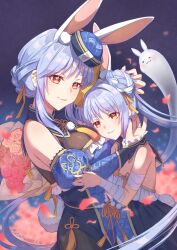 2girls age_difference animal_ears bare_shoulders blue_dress blue_hair blue_hat blue_sleeves blush bodystocking braid braided_bun breasts bridal_sleeves cheek_press detached_collar detached_sleeves don-chan_(usada_pekora) double_bun dress extra_ears flower frilled_dress frills ghost hair_bun hat head_on_chest height_difference highres hololive hug jiangshi_costume juliet_sleeves long_hair long_sleeves making-of_available mandarin_collar matching_outfits matsutsu mature_female mother_and_daughter multicolored_hair multiple_girls nape_braid official_alternate_costume official_alternate_hair_length official_alternate_hairstyle orange_eyes pekomama puffy_sleeves qingdai_guanmao rabbit_ears rabbit_girl rabbit_tail side_up_bun sidelocks small_breasts strapless strapless_dress tail thick_eyebrows twintails two-tone_hair usada_pekora usada_pekora_(10th_costume) very_long_hair virtual_youtuber white_hair