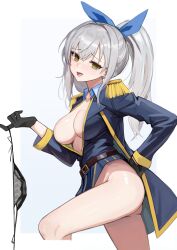 Rule 34 | 1girl, :d, absurdres, ass, belt, black gloves, black panties, blue jacket, blue ribbon, blush, breasts, chaperina philosys, cleavage, commentary request, commission, from side, gloves, hair between eyes, hair ribbon, highres, holding, holding panties, holding underwear, holding unworn clothes, jacket, korean commentary, lace, lace-trimmed panties, lace trim, long hair, long sleeves, looking at viewer, looking to the side, medium breasts, military, military uniform, no bra, no panties, open clothes, open jacket, open mouth, original, panties, ponytail, rehu (astd5787), ribbon, sidelocks, simple background, smile, solo, standing, thighs, underwear, unworn panties, white background, white hair, yellow eyes