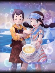 1boy 1girl apron black_hair brown_hair candice_(palentine&#039;s_2024)_(pokemon) candice_(pokemon) closed_eyes creatures_(company) crossed_arms dress food game_freak hat highres long_hair multi-tied_hair nintendo official_alternate_costume official_art one_eye_closed pokemon pokemon_masters_ex short_dress short_hair short_sleeves snow soup victor_(palentine&#039;s_2024)_(pokemon) victor_(pokemon) waitress waitress_uniform water wink