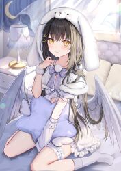 Rule 34 | 1girl, absurdres, angel wings, animal hood, arm warmers, astral vliver, bare shoulders, bed, bed sheet, black hair, blush, closed mouth, commentary request, crescent, crescent hair ornament, crossed bangs, curtains, desk lamp, dress, frilled dress, frilled thigh strap, frills, fur wrist cuffs, fuyoyo, hair between eyes, hair ornament, hairclip, hand between thighs, hand up, highres, holding, holding pillow, hood, hood up, kyokuya rei, lamp, lens flare, light particles, long hair, looking at viewer, low wings, on bed, partial commentary, pillow, short sleeves, sidelocks, single arm warmer, sitting, sleepwear, smile, socks, solo, sparkle, star-shaped pillow, star (symbol), star hair ornament, thigh strap, very long hair, virtual youtuber, wariza, watermark, white dress, white socks, white wings, window, wings, wrist cuffs, yellow eyes