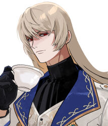 1boy alternate_hair_length alternate_hairstyle arm_up black_gloves black_shirt blonde_hair closed_mouth cup embroidery fatal_fury fatal_fury:_city_of_the_wolves gloves hexermer highres holding holding_cup jacket kain_r_heinlein lapels light_frown long_hair looking_to_the_side male_focus red_eyes shirt sideways_glance solo teacup turtleneck upper_body vest white_jacket white_vest