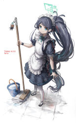 1girl absurdres apron aqua_halo aqua_ribbon aris_(blue_archive) aris_(maid)_(blue_archive) artist_name black_dress black_hair black_shoes blue_archive blue_eyes bucket character_name closed_mouth commentary dress franlol frilled_apron frills full_body halo highres holding holding_mop kei_(robot)_(blue_archive) long_hair maid_headdress mop neck_ribbon number_print official_alternate_costume pantyhose ponytail rectangular_halo ribbon shoes short_sleeves simple_background smile solo standing very_long_hair white_apron white_background white_pantyhose