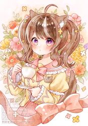 1girl ahoge animal_ear_fluff animal_ears blush borrowed_character bow bowtie brown_hair center_frills closed_mouth commentary commission cup dog_ears dog_girl dog_tail flower flower-shaped_pupils frilled_sailor_collar frilled_sleeves frills ginniroya highres holding holding_cup holding_saucer long_sleeves medium_hair multicolored_hair original pink_sailor_collar pink_skirt pleated_skirt purple_eyes red_bow red_bowtie red_ribbon ribbon sailor_collar saucer shirt skeb_commission skirt solo symbol-only_commentary symbol-shaped_pupils tail thick_eyebrows twintails twitter_username two-tone_hair upper_body watermark white_hair yellow_shirt