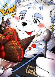 1boy absurdres animal_ears arujoseru bandaid bandaid_on_cheek bandaid_on_face blush claws commentary dog_boy dog_ears dog_nose drooling english_commentary english_text food furry furry_male highres holding holding_food holding_spoon ice_cream live_a_hero looking_at_food male_focus multicolored_hair saliva smile spoon streaked_hair tongue tongue_out white_fur yohack
