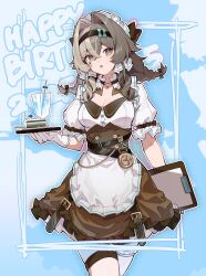 1girl 2025 :o absurdres alternate_costume apron black_hairband blue_background breasts brown_dress brown_hair cake cake_slice chinese_commentary commentary_request cowboy_shot dress drink enioreh food gloves grey_eyes hair_intakes hairband happy_birthday highres holding holding_notepad honkai_(series) honkai_impact_3rd large_breasts maid maid_apron maid_headdress medium_hair notepad solo thigh_strap thighs vill-v white_apron white_gloves