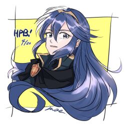 1girl :d blue_eyes blue_hair brand_of_the_exalt dated fire_emblem fire_emblem_awakening hair_between_eyes happy_birthday highres long_hair looking_at_viewer lucina_(fire_emblem) nintendo open_mouth rune_(ruupokesmash54) smile solo symbol_in_eye tiara upper_body