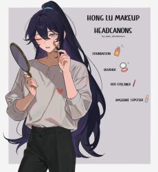1boy aqua_eyes black_hair black_pants english_text grey_background hand_mirror hands_up high_ponytail highres holding holding_mirror hong_lu_(project_moon) limbus_company long_hair long_sleeves male_focus mirror one_eye_closed open_mouth pants past_desiderium ponytail project_moon shirt simple_background solo very_long_hair white_shirt