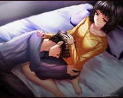 1boy 1girl amamiya_ren artist_name barefoot bed black_hair blush collarbone commentary_request couple feet from_above glasses hand_on_another&#039;s_head hetero kawakami_sadayo lap_pillow persona persona_5 pillow revision shirt skirt sleeping smile striped_clothes striped_shirt toes yaoto