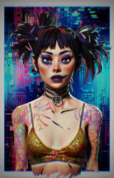 1girl 3d absurdres artist_request black_hair bodypaint character_request highres jewelry lips love_death_+_robots makeup necklace netflix painted_clothes twintails