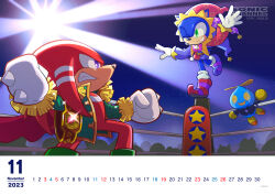 2023 2boys absurdres animal_nose archived_source blue_fur copyright_notice echidna_boy full_body furry furry_male gloves green_eyes hat hedgehog_boy highres knuckles_the_echidna long_sleeves male_focus multiple_boys november official_art omochao open_mouth purple_eyes red_fur sonic_(series) sonic_channel sonic_the_hedgehog standing standing_on_one_leg watermark web_address white_gloves