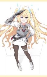 1girl absurdres ahoge armor armored_shoes belt black_belt blonde_hair breastplate commentary_request contrapposto counter:side full_body gauntlets grey_eyes grin hand_on_own_hip hand_up high_heels highres kjg003 korean_commentary long_hair looking_at_viewer looking_up loose_belt multiple_belts naielle_bluesteel pantyhose salute shadow shoes skirt smile solo sparkle standing teeth thigh_belt thigh_strap tsurime two_side_up very_long_hair white_background white_belt white_shoes white_skirt