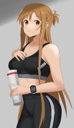 1girl amber_eyes asuna_(sao) auburn_hair bare_shoulders blush bottle braid breasts brown_eyes brown_hair gym_pants highres hx1aewa9 long_hair looking_at_viewer medium_breasts smartwatch smile solo sports_bra standing sword_art_online very_long_hair watch water_bottle wristwatch