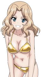 1girl absurdres bikini blonde_hair blue_eyes breasts cleavage collarbone commentary_request cowboy_shot girls_und_panzer gold_bikini grin highres kay_(girls_und_panzer) large_breasts long_hair looking_at_viewer navel riokasen simple_background smile solo swimsuit white_background