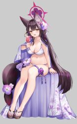 Rule 34 | 1girl, absurdres, animal ear fluff, animal ears, bikini, black hair, blue archive, blush, breasts, capelet, cleavage, collarbone, commentary request, flower, fox ears, fox girl, fox tail, fujimori shiki, hair flower, hair ornament, halo, highres, holding, holding umbrella, large breasts, long hair, looking at viewer, navel, official alternate costume, official alternate hairstyle, open mouth, parasol, purple capelet, red halo, sandals, smile, solo, stomach, swimsuit, tail, umbrella, wakamo (blue archive), wakamo (swimsuit) (blue archive), white bikini, yellow eyes
