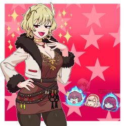 Rule 34 | 1girl, absurdres, activeajames, belt, blonde hair, celica (fire emblem), citrinne (fire emblem), earrings, fire emblem, fire emblem engage, fur-trimmed jacket, fur cuffs, fur trim, hand on own hip, highres, hoop earrings, jacket, jewelry, lapis (fire emblem), leif (fire emblem), looking at viewer, mismatched earrings, nanna (fire emblem), necklace, nintendo, open mouth, pantyhose, red eyes