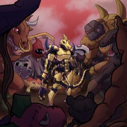 Rule 34 | absurdres, armor, cape, devidramon, diablomon, digimon, digimon (creature), etemon, ex-tyranomon, fantomon, gizamon, golemon, gottsumon, gun, highres, minotaurmon, oridigi, original, tail, weapon