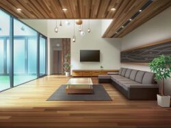 artist_request carpet ceiling_light couch day game_cg glass_door indoors light_rays living_room magia_record:_mahou_shoujo_madoka_magica_gaiden mahou_shoujo_madoka_magica no_humans official_art plant potted_plant scenery sliding_doors television wooden_floor
