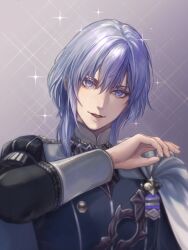 1boy cape epaulettes fire_emblem fire_emblem:_three_houses garreg_mach_monastery_uniform highres long_sleeves looking_at_viewer male_focus medium_hair nintendo open_mouth purple_eyes purple_hair side_cape simple_background smile solo upper_body white_cape wrainbow13 yuri_leclerc