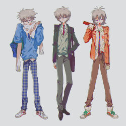 3boys absurdres alternate_costume blue_pants blue_sweater_vest brown_pants cardigan dress_shoes fishcoooo full_body green_cardigan green_jacket grey_hair grey_pants highres jacket male_focus multiple_boys multiple_persona nagisa_kaworu neon_genesis_evangelion open_clothes open_jacket orange_jacket pants patterned_clothing red_eyes scarf shoes short_hair simple_background sneakers sweater_vest white_background white_shoes white_undershirt