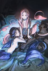 2_blankk 2girls alien_stage back_fin black_hair blue_tail breasts cleavage commentary english_commentary fins head_fins highres large_breasts long_hair medium_breasts mermaid mizi_(alien_stage) monster_girl multiple_girls nude on_rock pink_hair purple_eyes scylla short_hair sua_(alien_stage) tail tentacles very_long_hair water yellow_eyes