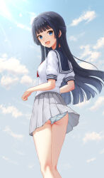 1girl ass bare_legs black_hair blue_eyes blunt_bangs blunt_ends blush breasts ca_paria commentary_request feet_out_of_frame grey_skirt idolmaster idolmaster_million_live! kneepits long_hair looking_at_viewer looking_to_the_side miniskirt mogami_shizuka outdoors panties pantyshot pleated_skirt puffy_short_sleeves puffy_sleeves school_uniform serafuku shirt short_sleeves skirt small_breasts smile solo straight_hair striped_clothes striped_panties two-tone_panties underwear very_long_hair white_shirt