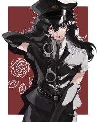 1boy amamiya_ren belt black_gloves black_hair black_hat black_jacket black_necktie closed_mouth collared_shirt crossdressing cuffs elbow_gloves gloves hair_between_eyes handcuffs hat highres holding holding_handcuffs jacket lipstick long_hair looking_at_viewer makeup male_focus necktie persona persona_5 persona_5:_dancing_star_night persona_dancing police police_hat police_uniform red_background red_eyes red_lips saichuu_(more1208) shirt simple_background smile solo trap two-tone_background white_background white_shirt
