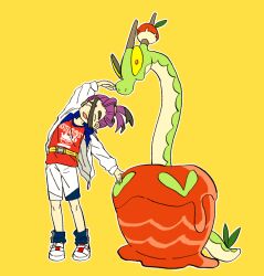1boy anko_(ultimate_zekkouchou) black_hair blue_socks closed_eyes closed_mouth colored_sclera full_body hydrapple jacket kieran_(pokemon) male_focus mole mole_on_neck multicolored_hair nintendo open_clothes open_jacket open_mouth pokemon pokemon_(creature) pokemon_sv purple_hair red_eyes red_tank_top shoes shorts simple_background socks tank_top white_jacket white_shoes white_shorts yellow_background yellow_sclera