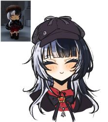 1girl black_capelet black_hair black_hat black_ribbon capelet closed_mouth deerstalker dress hat hololive hololive_english long_hair multicolored_hair official_alternate_costume penguin_stamp red_dress ribbon screenshot_inset shiori_novella shiori_novella_(casual) simple_background smile solo split-color_hair two-tone_hair virtual_youtuber white_background white_hair